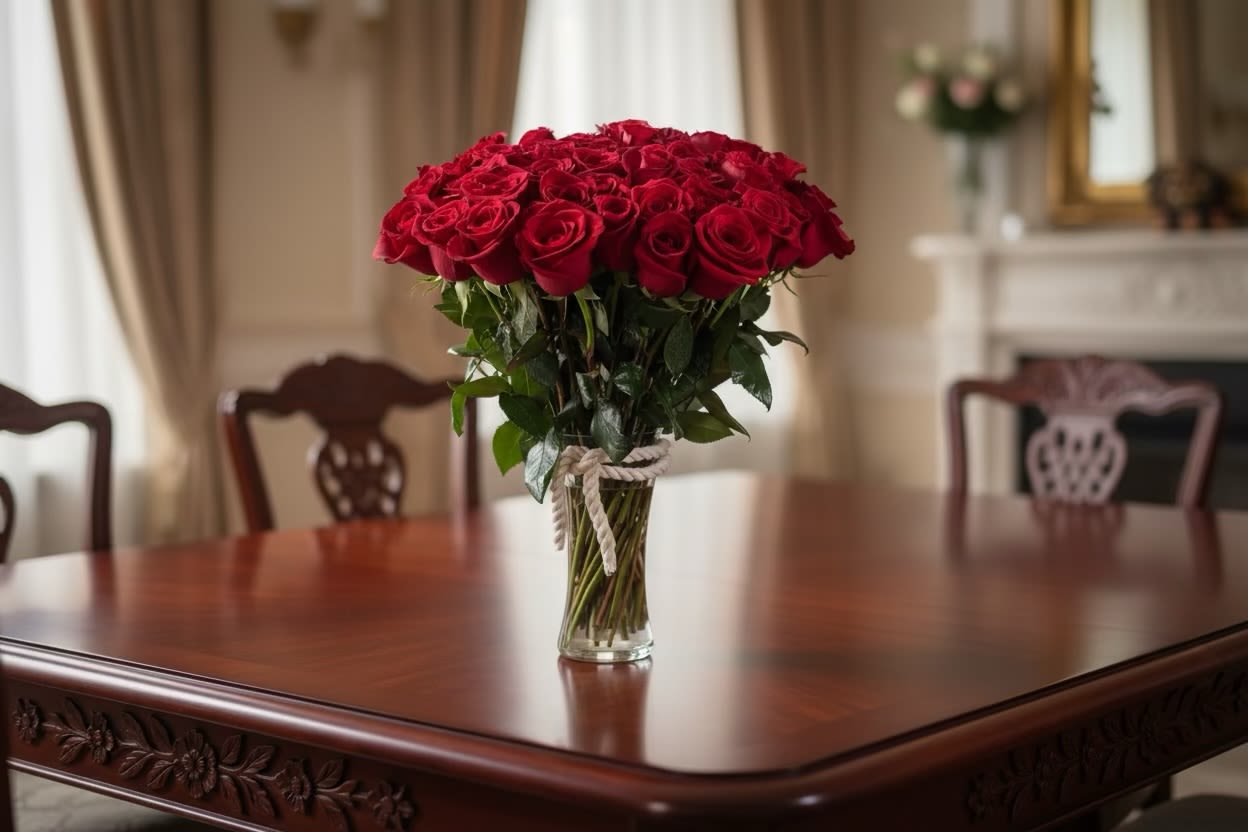 Timeless Red Elegance - A classic and refined arrangement of premium red roses, thoughtfully gathered and displayed in a clear glass vase. Designed to convey love, admiration, and sophistication, this timeless bouquet makes a striking statement for anniversaries, Valentine’s Day, or any moment that deserves something truly special. Lush blooms, rich color, and elegant presentation come together for an unforgettable floral gift.  