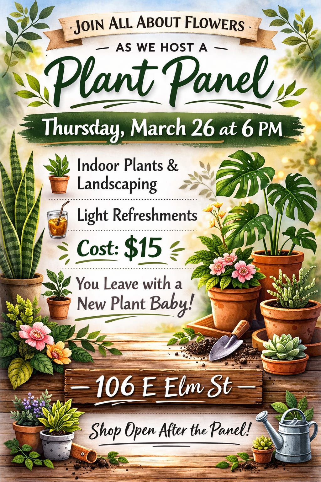 Plant Panel Ticket- March 26, 2026 at 6 pm - Calling all plant lovers- indoors and outdoors! We've got the perfect panel just for you! Join us for a fun and informative session and leave with a new plant baby to add to your collection. At the delivery section choose to pick up in store to avoid delivery fees. 