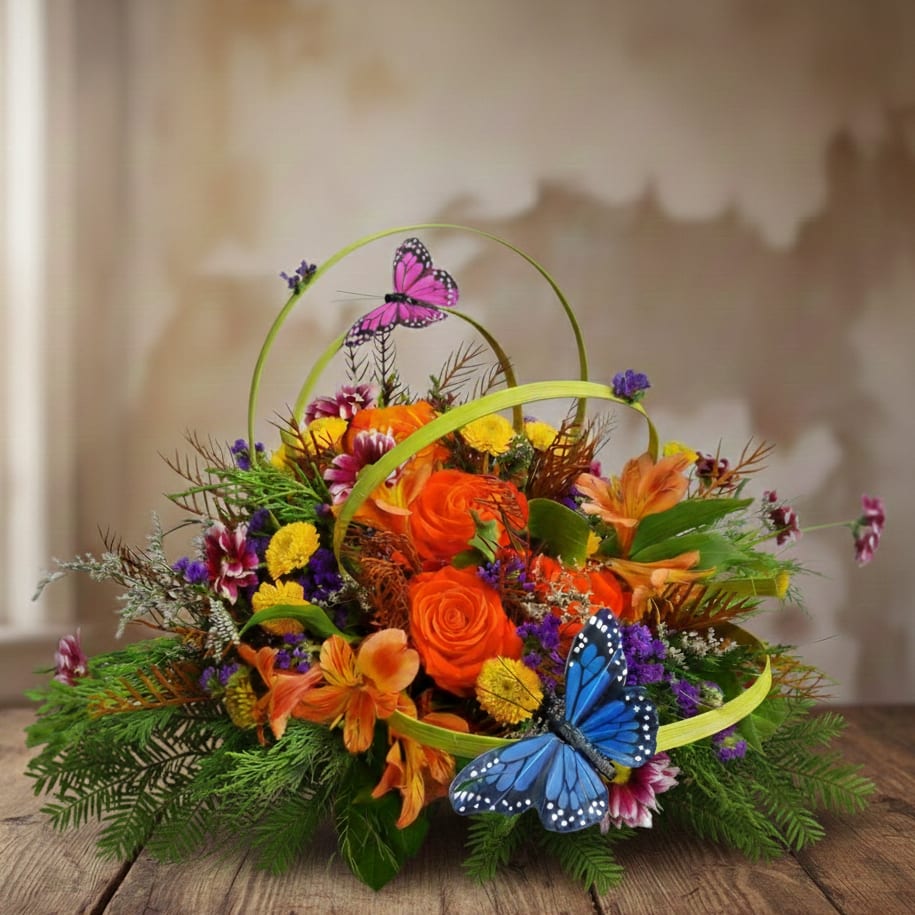 Butterfly Kisses - Send smiles and cheer with our “Butterfly Kisses” Birthday Bouquet, handcrafted by Specialty Floral Design, your local Olympia florist. This vibrant arrangement features bright orange roses and alstroemeria, complemented by a playful mix of yellow and purple seasonal blooms and accented with whimsical butterflies for a touch of springtime magic.  Perfect for birthdays, Mother’s Day, or spring celebrations, this cheerful bouquet brings color, joy, and delight to any home, office, or special occasion. Its lively design creates an unforgettable gift that spreads happiness and warmth to your loved ones.  Same-Day Flower Delivery in Olympia &amp; Nearby Cities We proudly offer same-day flower delivery in Olympia, Tumwater, Lacey, and surrounding areas, ensuring your bouquet arrives fresh, beautifully arranged, and ready to brighten someone’s day.  Why Choose Specialty Floral Design?  Expertly handcrafted bouquets designed to delight and inspire Vibrant, seasonal flowers thoughtfully arranged for every occasion Ideal for birthdays, special celebrations, or sending heartfelt smiles Dependable delivery across Olympia, Tumwater, Lacey, and the South Sound   