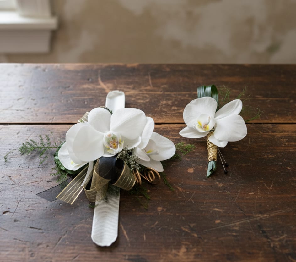 Corsage and Boutonniere Set - Elevate your prom or special occasion with our Corsage and Boutonniere Matching Set, designed to complement your outfit with elegance and style. Handcrafted by Specialty Floral Design, a trusted Olympia florist, this set features a white orchid with sophisticated black-and-gold accents, creating a timeless, memorable floral accessory.  If you are searching for prom corsages in Olympia, WA, boutonniere delivery in Lacey, WA, or special occasion flowers in Tumwater, WA, this set is a perfect choice.   Each piece can be customized with accent colors to match your dress or ensemble—call 360-688-6608 or note your desired colors in the special instructions when ordering online.  We proudly serve Thurston County and the surrounding areas, including high schools:  Olympia High School and Capital High School Timberline, River Ridge, and North Thurston High Schools in Lacey Tumwater High School, Black Hills High School, and the nearby areas  To ensure availability and the best selection, we recommend ordering early. Specialty Floral Design is dedicated to creating beautiful, custom prom flowers that make your special night unforgettable.