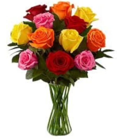 Rainbow Rose Delight - A dozen or so mixed-color roses arranged in bold red, yellow, orange and pink make this flower arrangement an instantly cheerful birthday bouquet or a bright congratulations gift. The vivid, repeating colors create a lively, celebratory impression that reads as joyful and affectionate - the kind of bouquet that will make the person you're thinking of feel truly celebrated.  Each rose is gathered into a classic clear glass vase that shows the straight, bundled stems for a clean, timeless silhouette. Blooms are evenly distributed to form a rounded, full shape with colors repeated throughout so every angle feels balanced and vibrant. The straightforward styling keeps the focus on the lush rose heads and their rich hues.  Perfect for birthdays, anniversaries, romantic gestures, or any everyday moment that calls for color, this arrangement arrives ready to display on a table or desk. Standard vase sizing and simple care-fresh water and a fresh cut every few days-will keep the roses looking their best during the peak of their bloom.