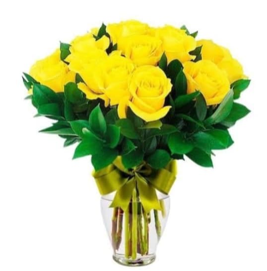 Golden passion bouquet - A clustered canopy of bright yellow roses makes a bold, sunlit statement-perfect as a birthday bouquet, a cheerful get-well arrangement, or a grateful "thinking of you" gift. The rounded shape and dense grouping of blooms create an immediate visual impact that will make the recipient feel genuinely celebrated and uplifted, ideal for anyone who loves vibrant color and classic roses.  Crafted with long-stem yellow roses set tightly in a clear glass vase, the arrangement is finished with a wide green satin ribbon tied at the neck for a fresh, polished look. Clean white accents balance the palette of yellow and green, and the compact, rounded silhouette fits well on a bedside table, desk, or mantel. This easy-care bouquet arrives ready to display-just add fresh water and trim stems every few days to keep the roses looking their brightest.