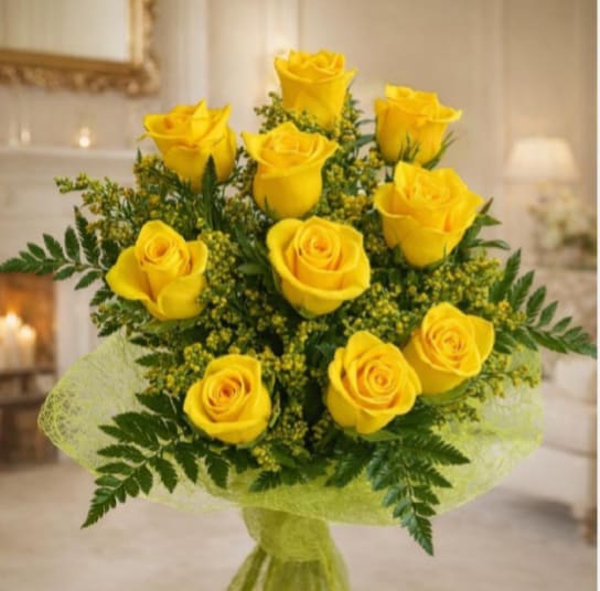 Golden Elegance Bouquet - A cluster of vivid yellow roses arranged in a rounded hand-tied bouquet makes an immediate sunny statement-perfect as a birthday bouquet, a cheerful everyday gift, or a bright way to say "thinking of you." The yellow roses sit low and close for a lush, full look that will make the recipient feel warmly celebrated and uplifted.  Textured green foliage and small yellow filler blossoms nestle between the roses for depth and a natural, garden-fresh texture, while touches of white peeking through add subtle contrast. Stems are gathered in a sheer green mesh wrap that softens the base and gives the arrangement a casual, gift-ready finish; the design is intentionally compact and easy to carry or present.  This is the kind of bouquet that brings instant sunshine to someone's day-ideal for friends, colleagues, or anyone who appreciates bright, optimistic color. Because it's hand-tied, replace vase water daily and trim stems slightly for longer enjoyment; available in a single size shown.