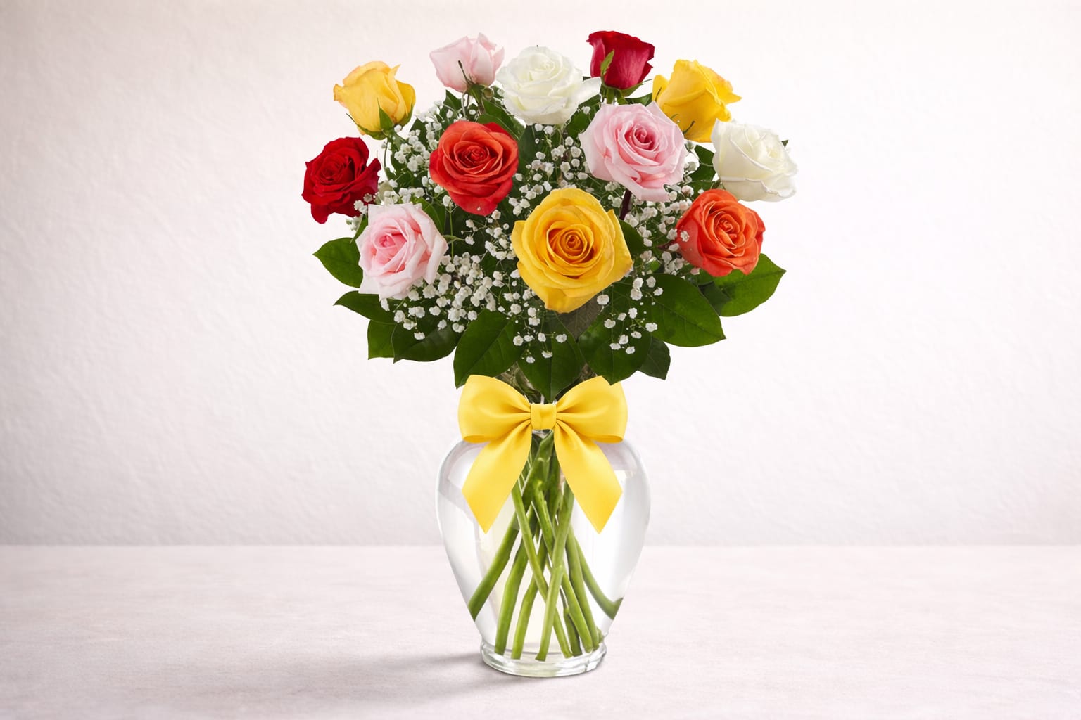 Assorted Colored Roses - Assorted color roses in a clear glass vase. Perfect for any day or occasion.  Exact rose colors are subject to availability.