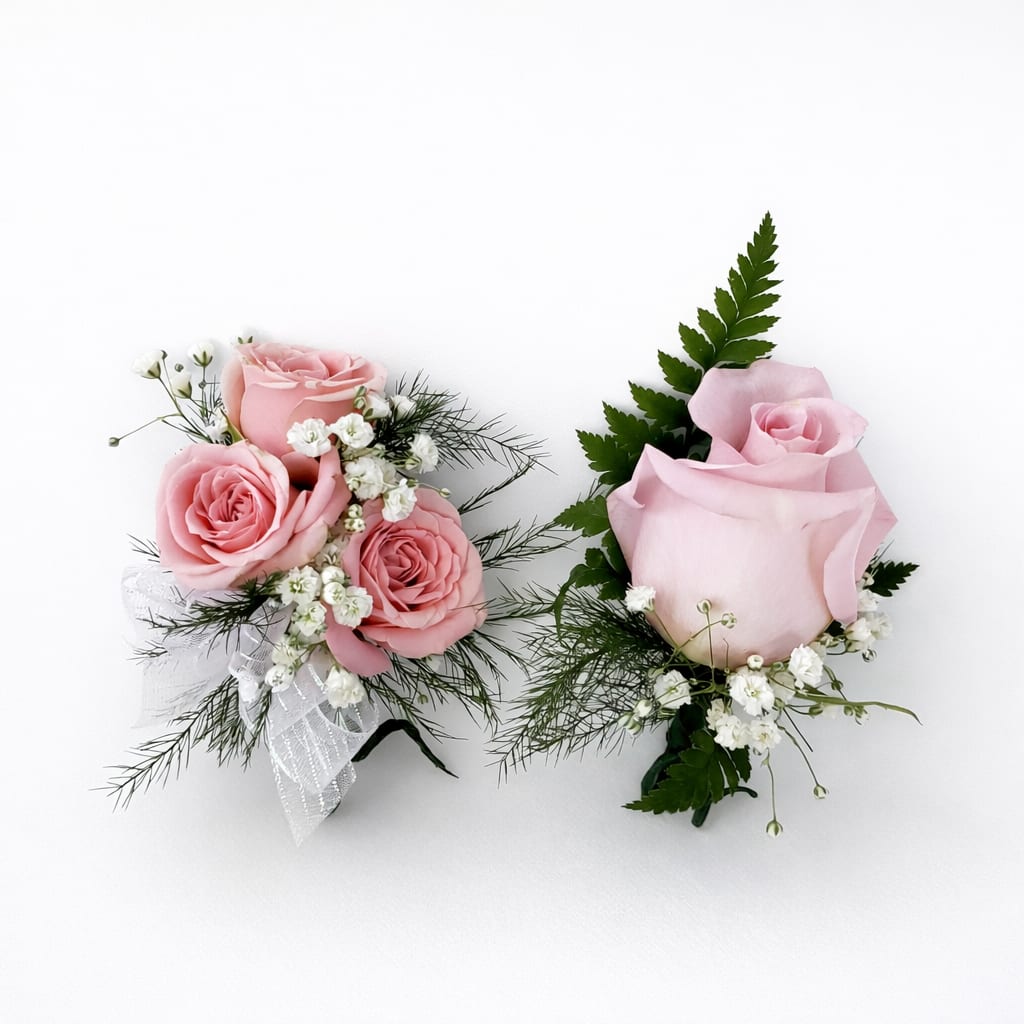 Children’s School Dance Spray Rose Corsage - Standard: Includes one corsage only (does not include a boutonniere) Deluxe: Includes one corsage and one matching boutonniere Premium: Includes one corsage with added rhinestone accents for extra sparkle and one matching boutonniere  Available in: Pink, White, and Red  Please indicate the flower color and ribbon color in special instructions. 