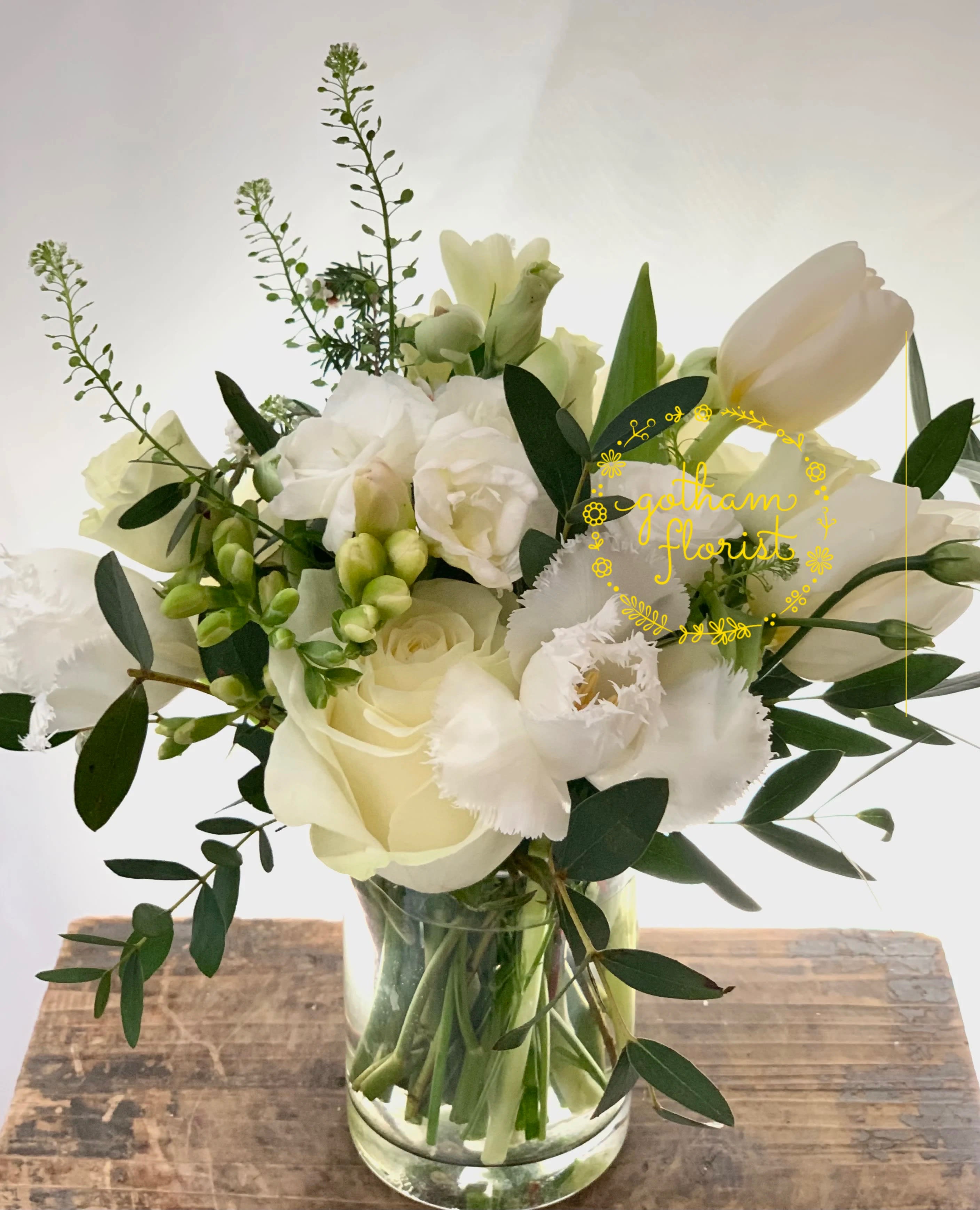 Thinking of you  - A fresh mix of designers choice in white flowers. A cute gift that will be perfect for a desk or night stand. Our most popular gift to let that someone know you are thinking of them. Flowers are a great way to send a little love in a difficult time.  **NO SUBSTITUTION OR SPECIAL REQUEST FOR THIS DESIGN**  We offer same day flower delivery in Manhattan, Queens, Bronx, Brooklyn, Staten Island and West Chester counties. We have the prettiest and most luxurious flowers to choose from and our designs are unique and whimsical. We carry Peonies almost every day of the year!! Best florist, nyc, local florist, send flowers, flower delivery, same day delivery, florist around me, flower shop, best flower shop, flowers, flower delivery, peony, peonies, same day flower delivery,  wedding florist, best florist nyc, nyc florist, florist near me, manhattan florist,  brooklyn florist  