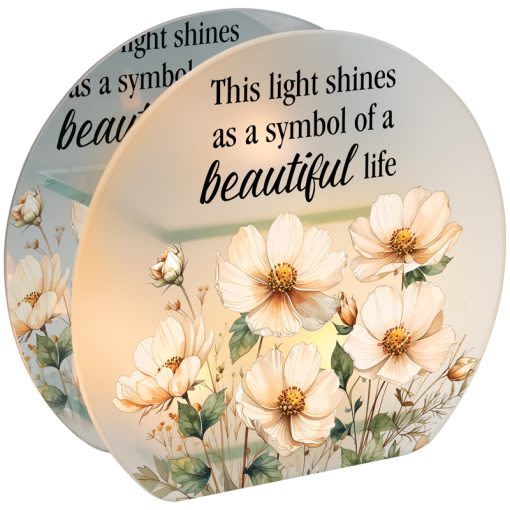 "BEAUTIFUL LIFE" TEALIGHT CANDLE HOLDER - Our Tealight Candle Holders feature frosted and mirrored glass and include 2 tealights (LR41 batteries included).   W: 8 1/2" H: 8" DIA: 3 "