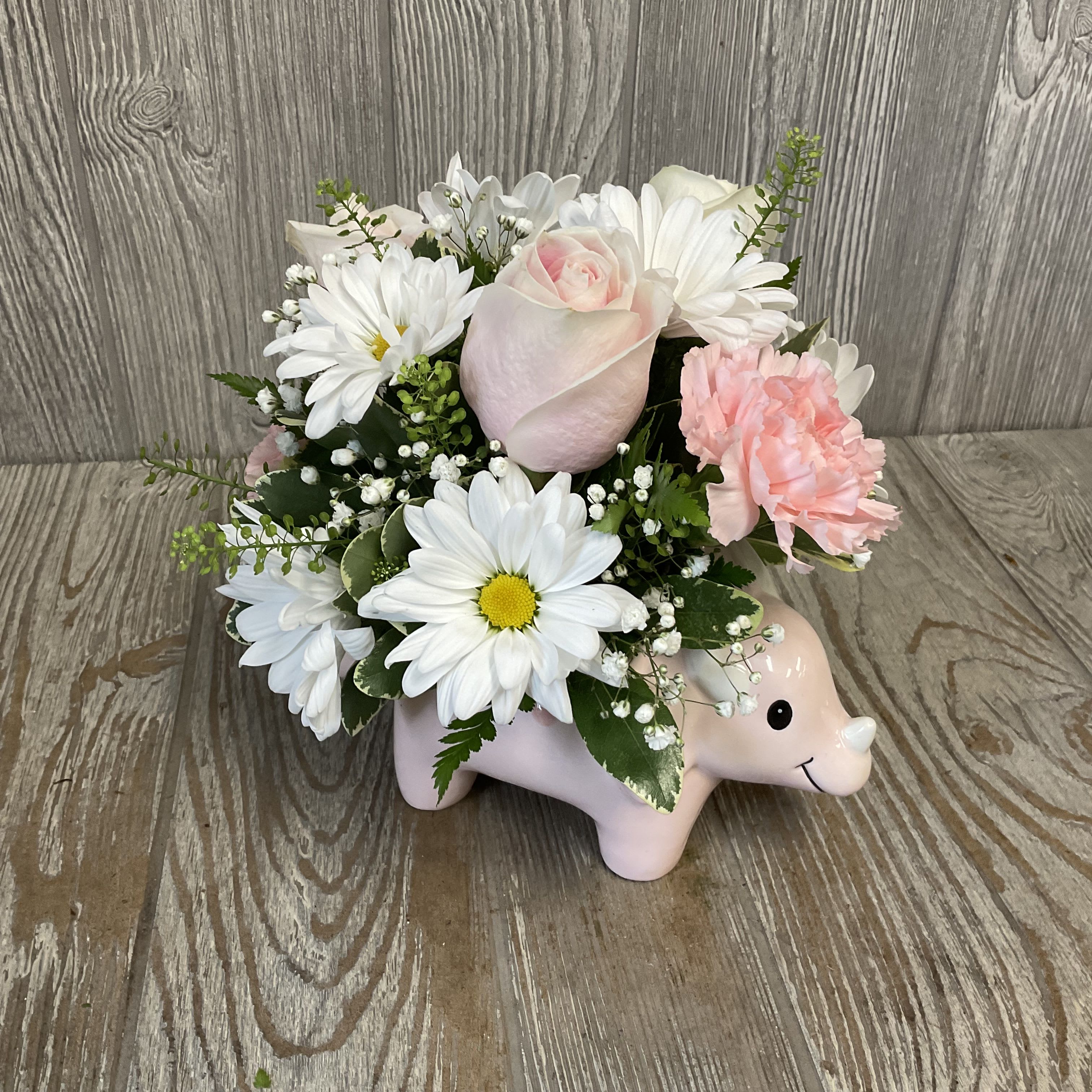 Dino - Welcome Dino! These floral arrangements, in ceramic keepsake dinosaur containers, are the perfect thing to welcome the newest addition to the family. Flowers and colors may vary. 