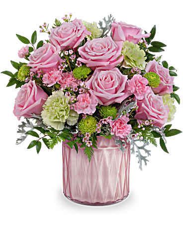 Teleflora Sparkling Reverie - Stunning pink roses and carnations accented with lime green carnations in a pink cylinder vase