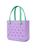 Lavender rubber tote bag with mint green handles and perforated sides