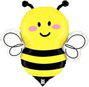 Bee-shaped yellow and black balloon with a smiling face