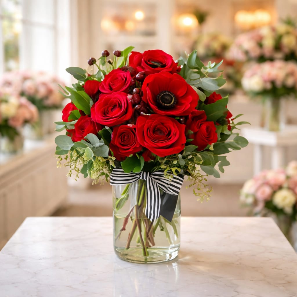  Sweet Sangria – Romantic Red Rose Arrangement - Turn up the romance with Sweet Sangria, a luxurious floral arrangement designed by The Flower Boss in Sunland. Featuring premium red roses accented with lush greenery and deep-toned blooms, this design captures the essence of love, elegance, and celebration. Arranged in a clear glass vase with a stylish ribbon detail, it delivers a modern yet timeless look perfect for any special moment.  Whether you're celebrating love, sending a heartfelt gift, or making a grand romantic gesture, this arrangement is crafted to stand out and impress. Each design is hand-arranged with care and may feature the freshest seasonal variations while maintaining the overall look and feel.  Available for same-day flower delivery in Sunland, Tujunga, Glendale, Burbank, La Crescenta, Pasadena, and surrounding areas.  Perfect For: • Romantic gifts • Anniversaries • celebrations • Valentine’s Day • Just because  Design Details: • Premium red roses • Seasonal accent blooms (burgundy/black tones) • Fresh eucalyptus and greenery • Clear glass vase with ribbon • Handcrafted florist design  Tags / Keywords: red rose arrangement Sunland, romantic flowers Sunland CA, florist Sunland CA, flower delivery Tujunga, Glendale florist delivery, Burbank flower shop, Pasadena flower delivery, anniversary flowers, Valentine’s Day roses, luxury rose arrangement, same day flower delivery Sunland, The Flower Boss flowers, romantic bouquet Los Angeles, elegant red roses