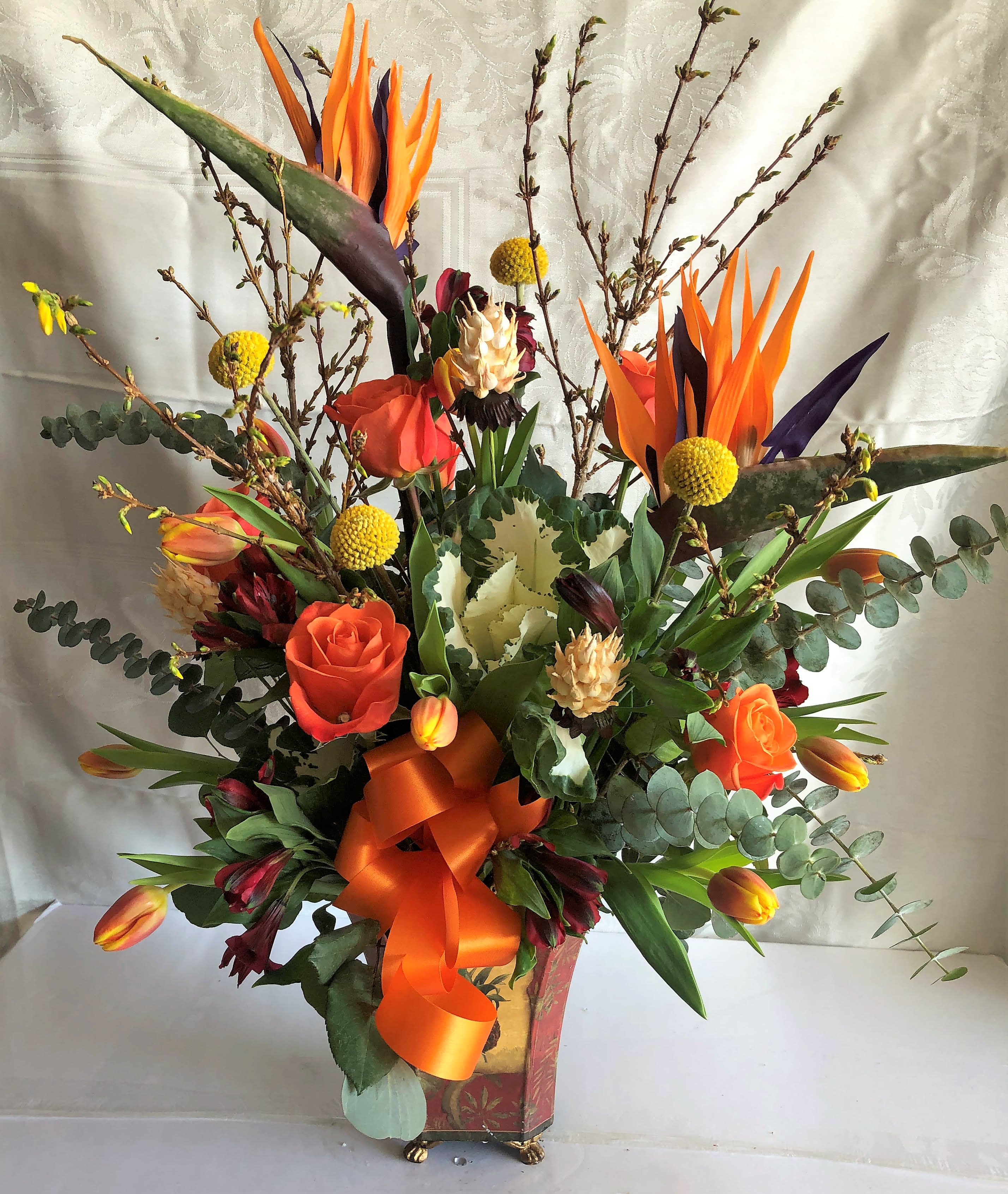 Paradise - Birds of Paradise and other seasonal blooms in a custom container.
