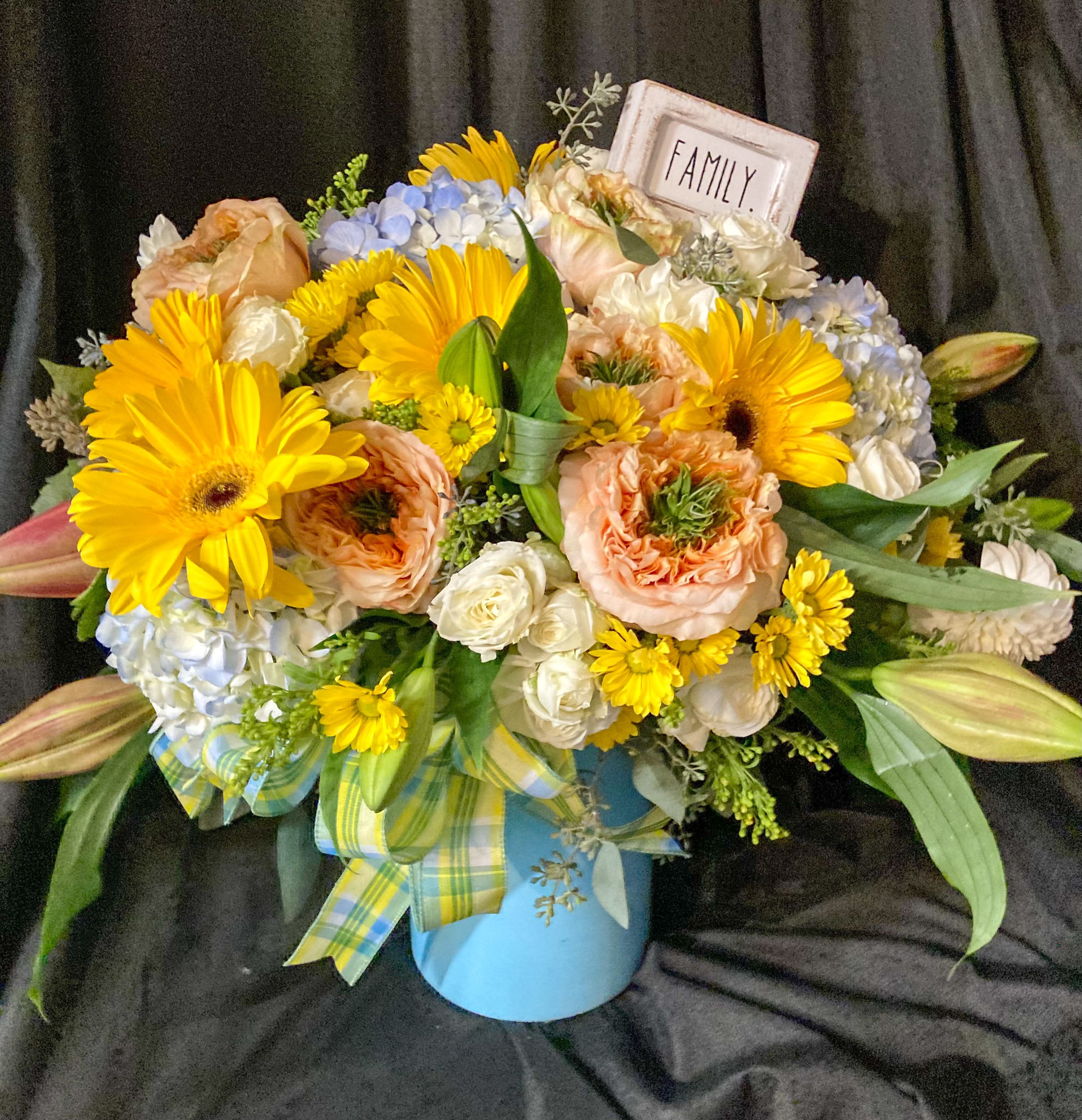 Peach Love - Peaches and yellow seasonal blooms in a custom vase.