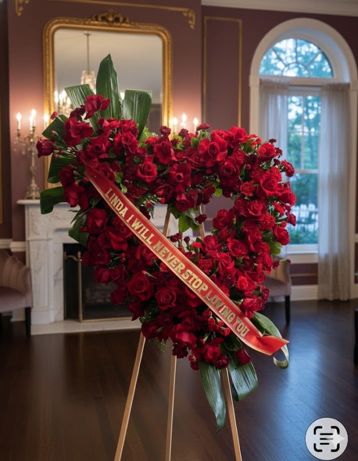  All Red Open Heart Standing Spray  - A dense heart of deep red roses forms a velvety, all-red open heart standing spray that reads as a powerful symbol of enduring love and remembrance-perfect as a sympathy arrangement or funeral tribute. Mounted on a tall wooden easel with a red ribbon bearing gold lettering, this heart makes an immediate, dignified statement in a chapel, funeral home, or memorial service and honors the person you're remembering with warmth and respect.  Each rose is placed tightly to create a lush, textured surface of crimson against accents of green foliage around the edges. The wooden easel gives the piece a prominent vertical presence for easy display, and the decorative ribbon adds a commemorative, personalized touch. This design is intended to convey deep affection and solemn beauty; sized for visibility in formal settings, it arrives ready to stand and be admired by family and friends during services.