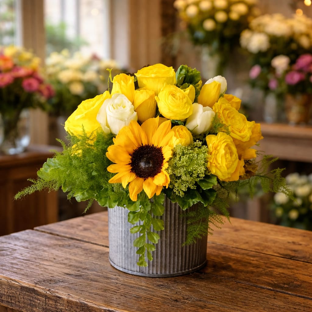Golden Glow – Luxury Sunflower &amp; Rose Arrangement - Radiating warmth and joy, Golden Glow is a stunning designer arrangement that captures the feeling of sunshine in full bloom. Featuring vibrant yellow roses, a bold sunflower centerpiece, soft white blooms, and lush textured greenery, this piece is crafted to instantly uplift any room.  Expertly designed by The Flower Boss in Sunland, this arrangement blends rustic elegance with a modern boutique aesthetic, making it a standout gift that feels both thoughtful and premium. Its rich golden tones symbolize happiness, positivity, and celebration—perfect for making meaningful moments even brighter.  Whether you're sending love, celebrating a milestone, or simply making someone smile, Golden Glow delivers beauty that feels personal, warm, and unforgettable.  Perfect For: celebrations • Get Well • Congratulations • Thank You • Just Because • Sympathy (Light &amp; Uplifting)  Includes: Yellow Roses, Sunflower, White Roses, Seasonal Premium Greenery  Design Style: Luxury Garden • Bright &amp; Airy • Warm Golden Palette • Rustic Modern  Note: Seasonal substitutions may occur while preserving overall style, color, and value.  Tags / Keywords: luxury sunflower arrangement Sunland, premium yellow rose bouquet, flower delivery Sunland CA, Tujunga florist delivery, Glendale flower shop, Burbank flowers, La Crescenta florist, Pasadena flower delivery, bright luxury flowers, sunflower bouquet delivery, same day flowers Sunland, The Flower Boss florist