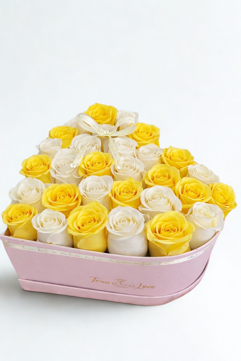 Heart Box White Roses &amp; Yellow  - heart box 40 yellow roses &amp; White 