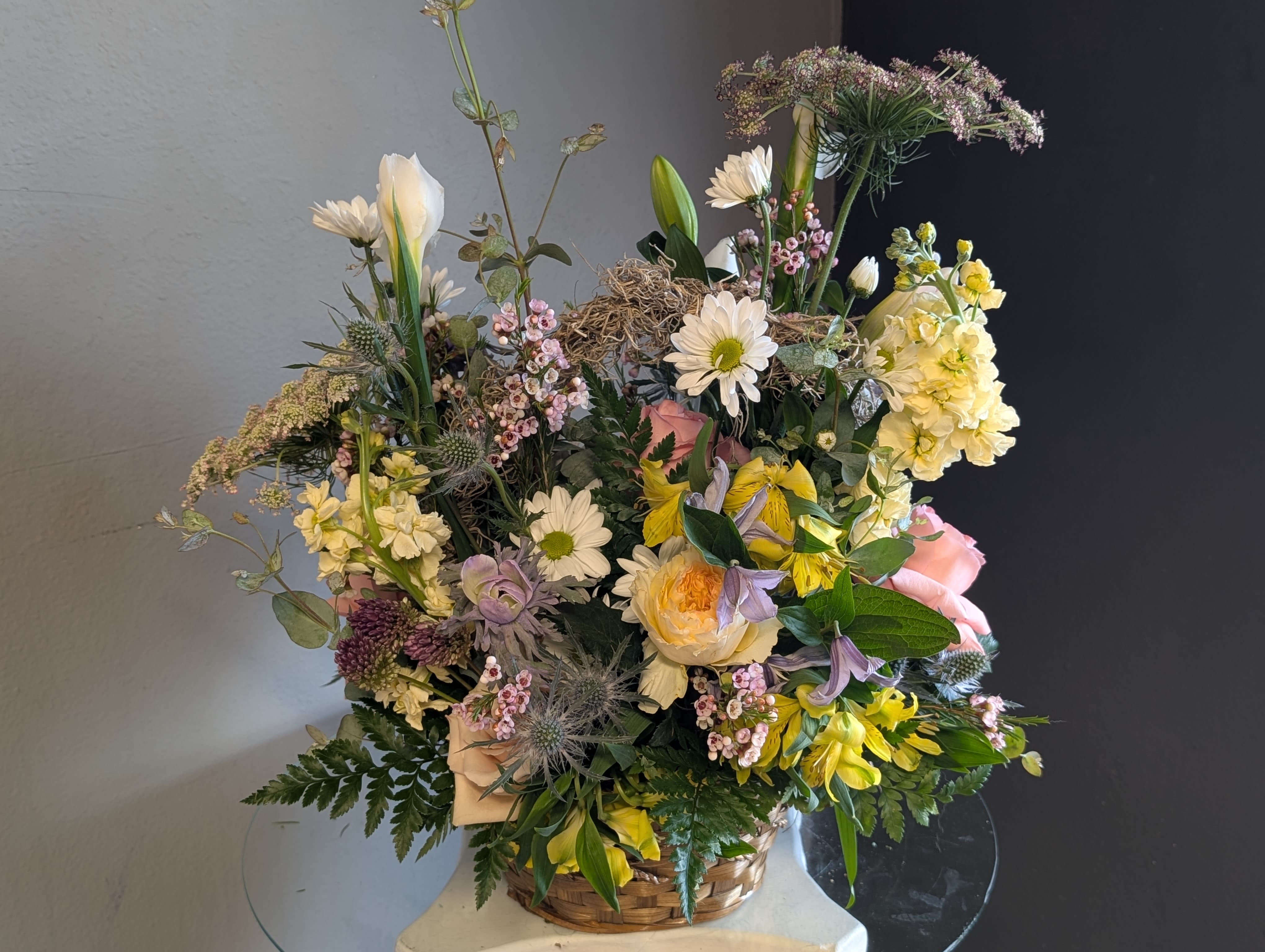 #720 Designer's Choice Vase Arrangement - This beautiful flower arrangement of fresh mixed seasonal blooms is made by local designers in the heart of Orange California. Hand crafted and perfect for every occasion, from birthdays and new babies to sympathy and just because. The best choice to show you are thinking of that special someone. Can be sent as a local delivery or in-store pickup. This is an original, one of a kind arrangement. Order now before it's too late!  UPGRADES: All upgrades are applied at the designer’s discretion and fulfilled to value using the freshest seasonal and/or premium flowers available. Container upgrades may be included when possible; otherwise, value is reflected in the floral selection while maintaining the original design style. 