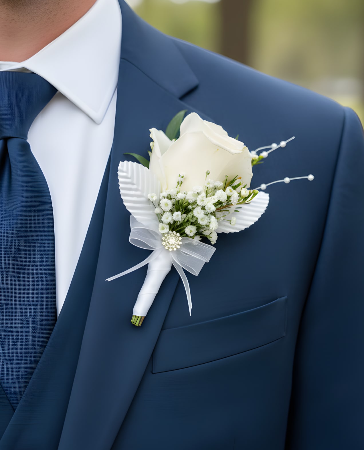 White Rose Boutonniere - A classic white rose boutonniere complements any outfit. Perfect for prom, formals, and weddings. Comes with pins for easy attachment to your outfit. If you require customized colors, please specify your request clearly when placing your order. In the event that the requested color is unavailable, we will contact you to discuss alternative options. Please note that customized color requests are subject to a $10 upcharge.