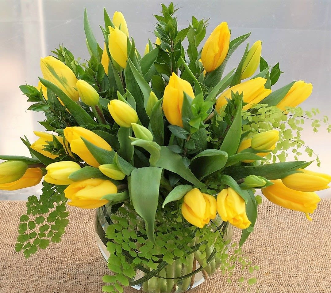 TULIP SUNS - ALL YELLOW TULIPS AND GREENS.