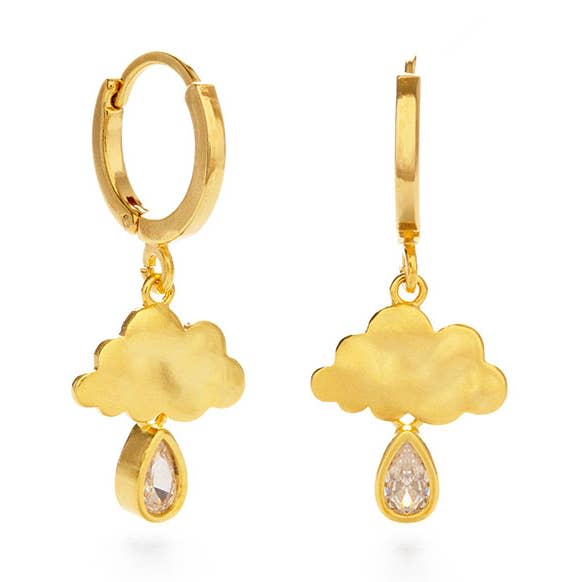 Rain Cloud Earrings - These precious raincloud hoop earrings feature a finely cut crystal raindrop. They are a fun addition to an earring stack and delight the people of all ages. Made of 14k gold plated brass, lead and nickel free. The earrings arrive in a gift box with ribbon.