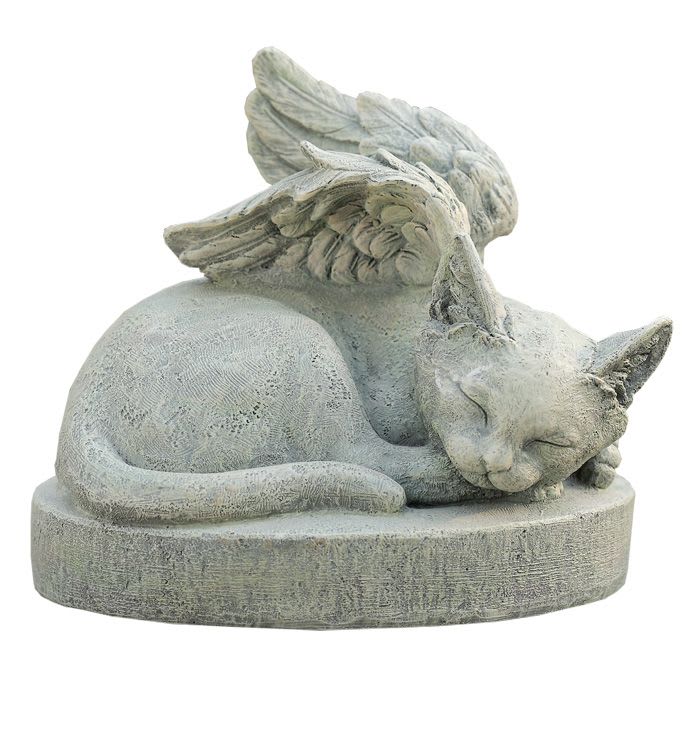 Sympathy Cat Figure - A sleeping winged cat carved in weathered stone becomes a tender keepsake for sympathy and funeral moments, especially when honoring a beloved pet. The compact sculpted figure and its serene, curled posture convey quiet companionship and gentle remembrance-the kind of memorial that helps the person you're thinking of feel comforted and seen. The statue sits on an oval base and features folded feathered wings and a peaceful expression, rendered in soft gray tones with a subtly aged, stone-like texture. Its self-contained size makes it ideal for display on a mantel, garden shelf, or beside a pet's resting place, offering a durable decorative accent that reads as both simple and heartfelt.  Perfect for those seeking a meaningful sympathy gift or a permanent tribute, this piece requires no special care and is suitable for indoor use or a sheltered outdoor spot. Choose it when you want to give a lasting symbol of love and remembrance that brings quiet comfort to the recipient.  10 Inches long x 7.5