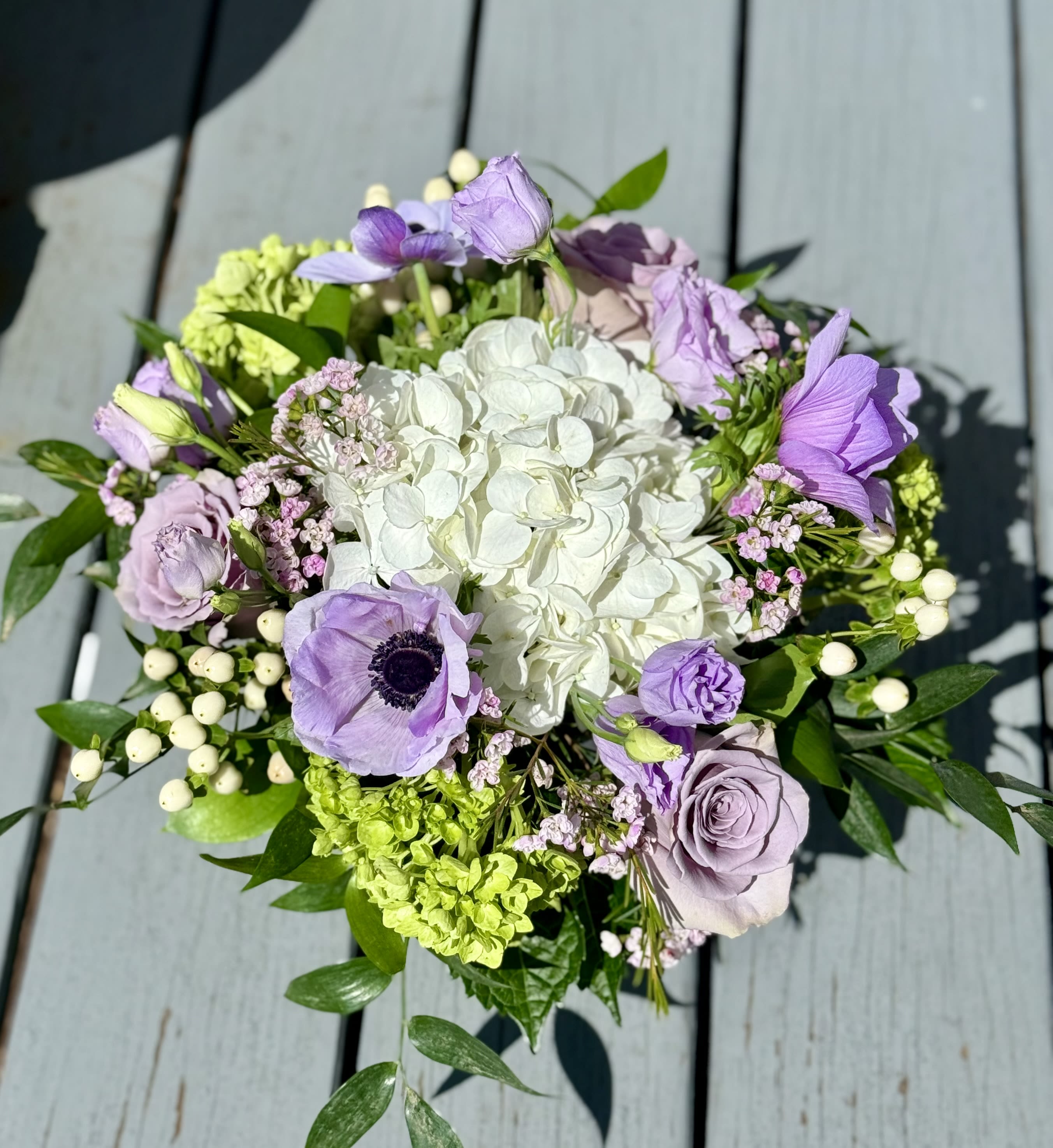 Lovely Lavender  - White &amp; green hydrangeas, lavender anemones, lisianthus &amp; roses, with touches of green