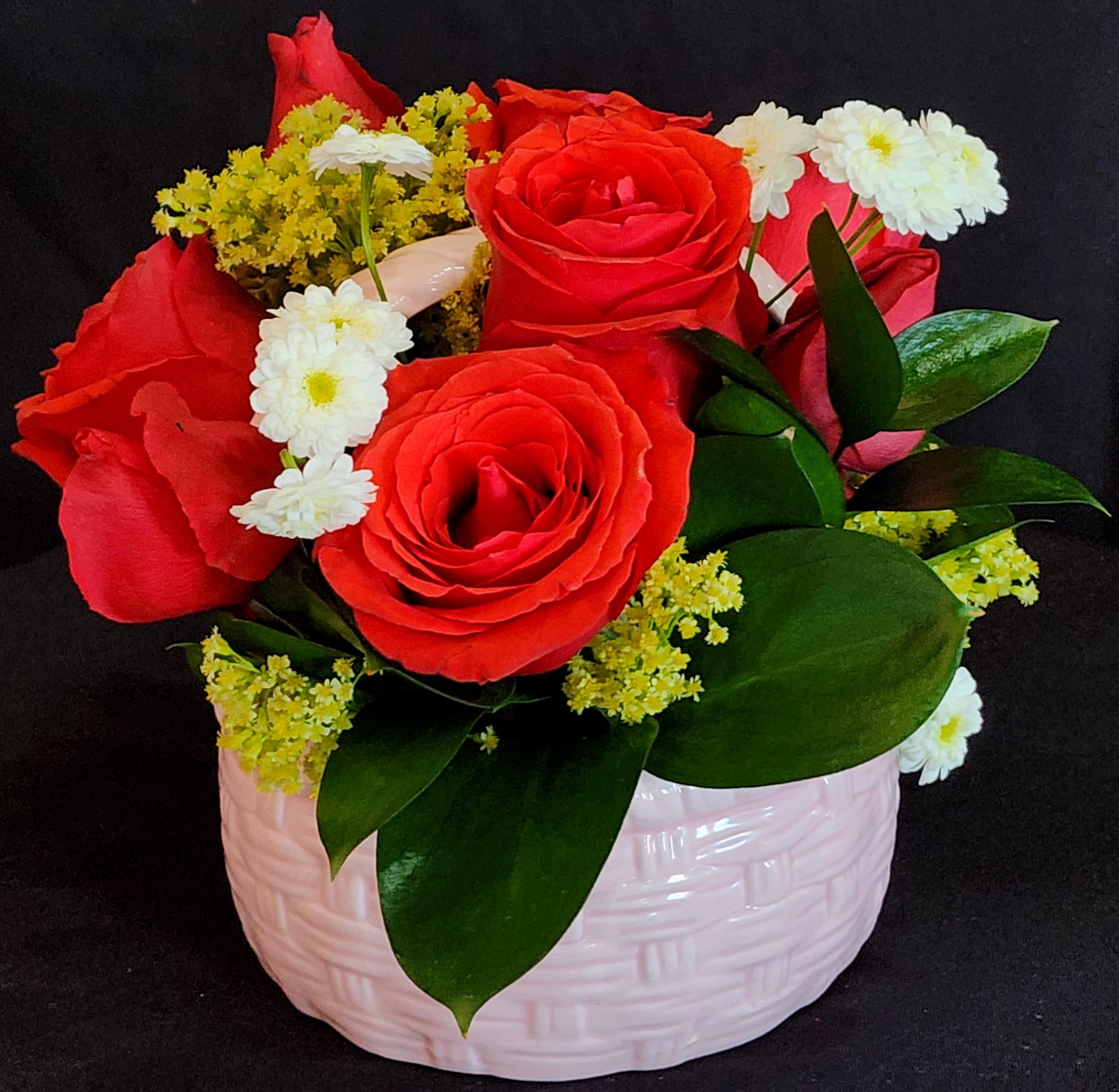 Just for Mom - Make mom happy with this beautiful arrangement just for her to celebrate her love and care. This arrangement comes in a ceramic basket with 8 to 9 roses, greens, chamomile and solidago. Size is approximately 8" x 8" x 8".  You can choose your color of roses, just be sure to mention it in the special instructions (light pink, white, orange free spirit, yellow, red, hot pink).   *****limited availability of ceramic baskets, (1 white, 3 light pink).*****