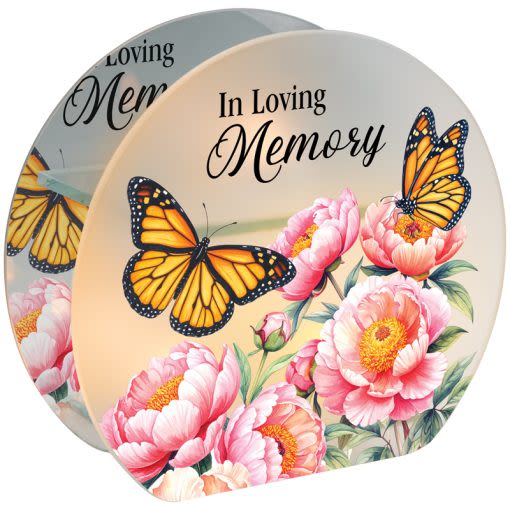 "LOVING MEMORY" TEALIGHT CANDLE HOLDER - Our Tealight Candle Holders feature frosted and mirrored glass and include 2 tealights (LR41 batteries included). Gift Boxed!  W: 8 1/2" H: 8" DIA: 3 "