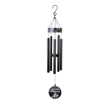 IN LOVING MEMORY 34" LASER CUT CHIME - Our laser cut chimes consist of 5 center-pinned tubes that emit sweet and gentle tones. These chimes feature all aluminum construction with powder coat and an adjustable striker. 7/8" Diameter Tubes L: 34" W: 5"