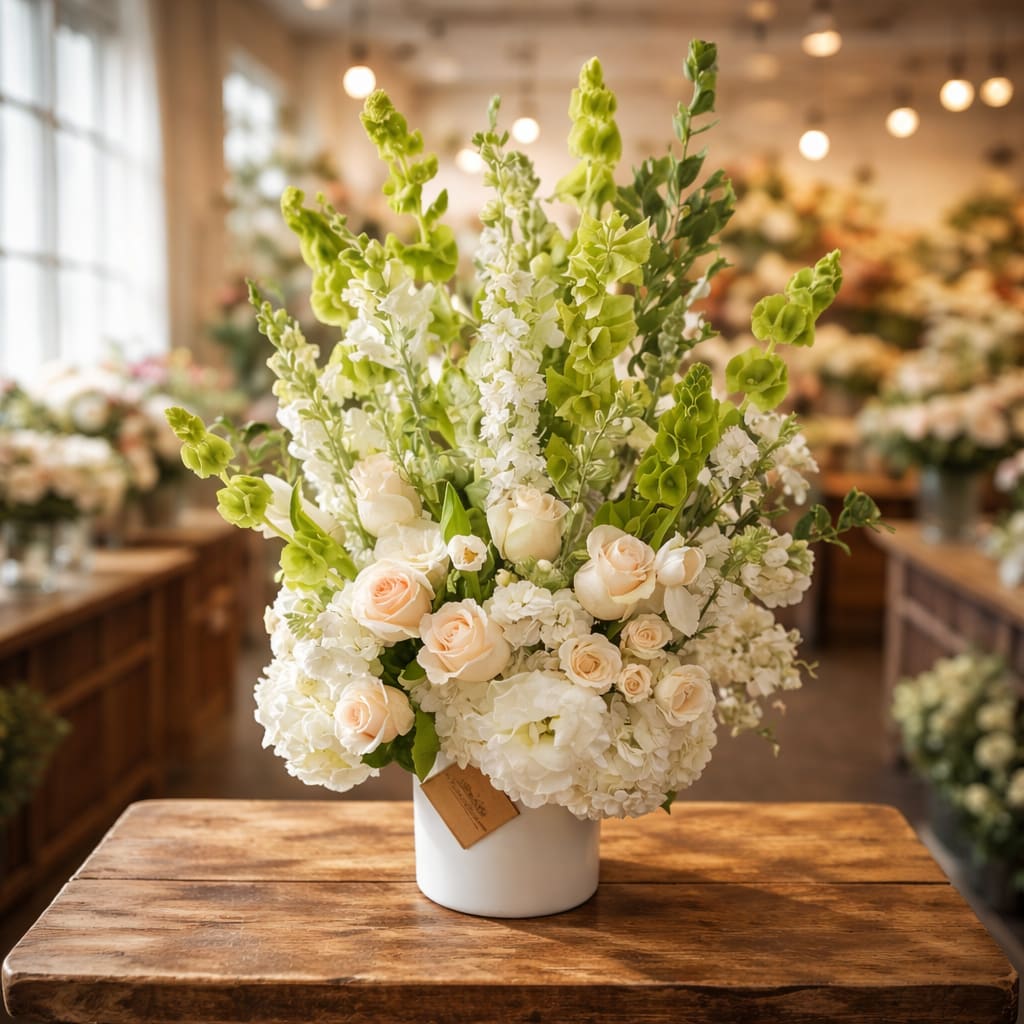 Sweet Comfort – Soft &amp; Elegant Sympathy Flower Arrangement - Sweet Comfort is a graceful and soothing flower arrangement designed to express warmth, care, and heartfelt support. Featuring delicate blush roses, lush white hydrangeas, elegant stock, and fresh green bells of Ireland, this design brings a sense of serenity and gentle beauty to any space. Arranged in a modern white ceramic vase, it’s perfect for moments when words aren’t enough.  Thoughtfully handcrafted by The Flower Boss in Sunland, this arrangement is ideal for sending sympathy, offering comfort, or simply letting someone know you’re thinking of them. Its soft color palette and airy design create a peaceful presence, making it suitable for homes, services, or hospital settings.  Serving Sunland, Tujunga, Glendale, Burbank, La Crescenta, Pasadena, and nearby Los Angeles areas, we ensure every arrangement is made fresh with premium blooms.  Perfect For: • Sympathy &amp; Memorials • Get Well Wishes • Thinking of You • Home Décor • Sending Comfort  Design Details: • Blush roses, white hydrangea, stock, seasonal accents • Fresh greenery including bells of Ireland • Modern white ceramic vase • Soft, airy, garden-style design  Tags &amp; Keywords: sympathy flowers Sunland CA, flower delivery Sunland, Glendale florist, Burbank flower delivery, Pasadena sympathy flowers, white flower arrangement, elegant sympathy flowers, get well flowers Los Angeles, florist near Tujunga, La Crescenta florist, modern white and green flowers, peaceful floral arrangement, The Flower Boss Sunland