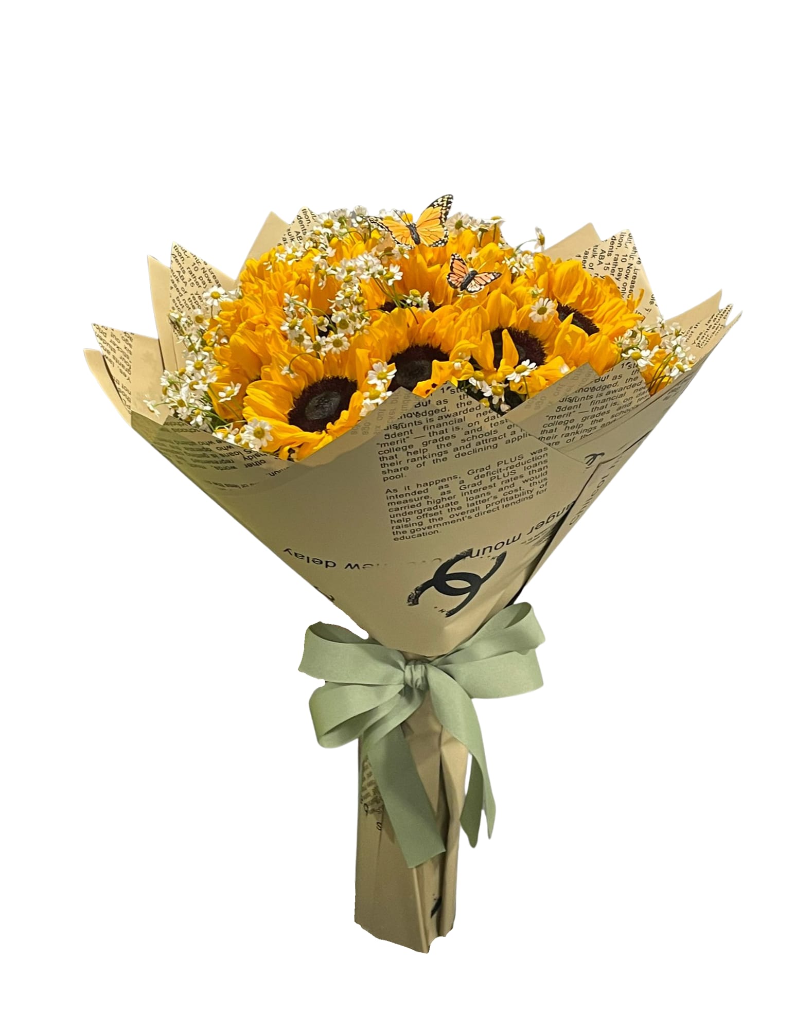Oh Honey! - This marvelous bouquet made up of sunflowers with chamomile flowers wrapped with paper. Finished with butterflies and a bow. 