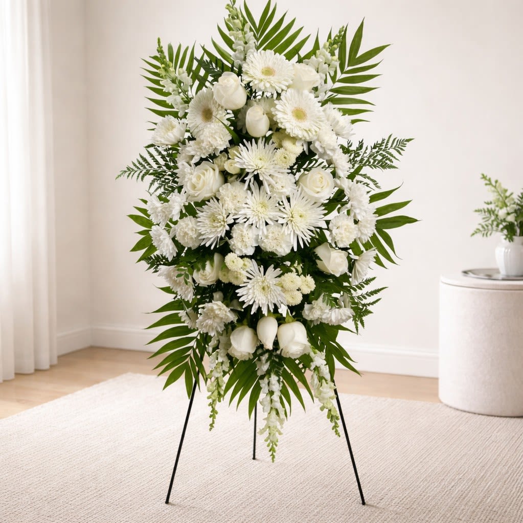 Pure Devotion Standing Spray - Pure white roses, calla lilies, and gerbera daisies combine in an elongated oval standing spray that reads calm and reverent-the ideal sympathy arrangement for a funeral or memorial service. This white standing spray offers a formal, comforting presence that lets the person you're honoring feel seen and respected during difficult moments.  Densely clustered roses, gerbera daisies, chrysanthemums, carnations, calla lilies, and trailing snapdragons create a soft, layered texture against large, structured green leaves that fan out to form a symmetrical frame. The design is displayed on a black metal easel stand and stands tall enough to command attention at a service while remaining understated and tasteful.  Send this arrangement as a meaningful expression of condolence or to mark a memorial gathering-the quiet white palette and vertical silhouette convey sympathy and support without words. Care is handled by our team so the spray arrives ready to display on the included black metal easel.
