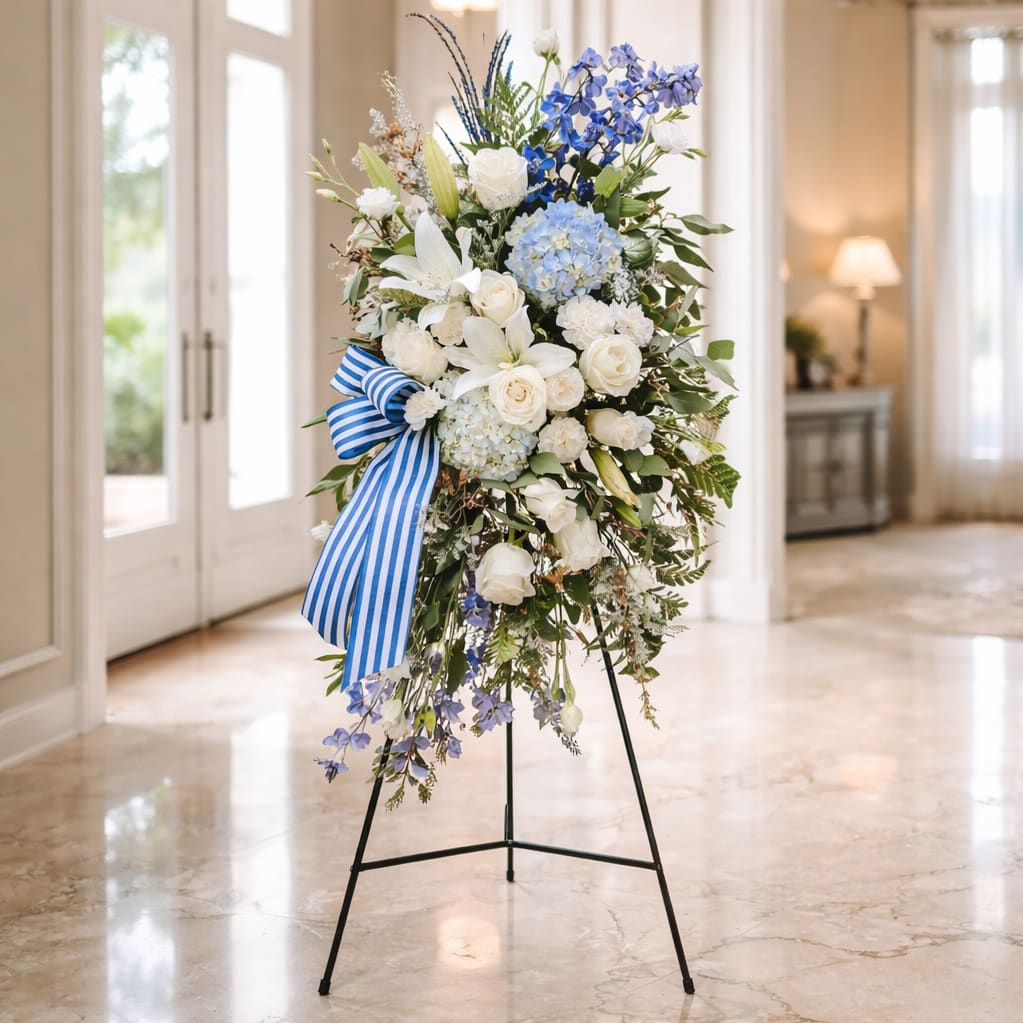 Blue White Tribute Standing Spray - A tall, serene standing spray in white, blue, and green that offers a refined, respectful tribute for sympathy and funeral services. This vertical arrangement is built to honor the person you're thinking of-its cool palette and elegant silhouette convey calm, comfort, and quiet dignity at a memorial or celebration of life.  Clusters of white roses, lilies, and lisianthus are balanced with rounded blue hydrangeas and upright spires of blue delphinium for a layered, textured look. The spray is mounted on a sturdy black metal easel and finished with a tailored blue-and-white striped ribbon for a formal, polished touch. The elongated shape provides a strong focal presence while still feeling gentle and composed.  Appropriate for a chapel or graveside service, this arrangement reads as both heartfelt and composed-the kind of tribute that helps family and friends feel seen and comforted. Available in a standard standing size; please let us know if you need delivery timed for a service or assistance with placement at the venue.
