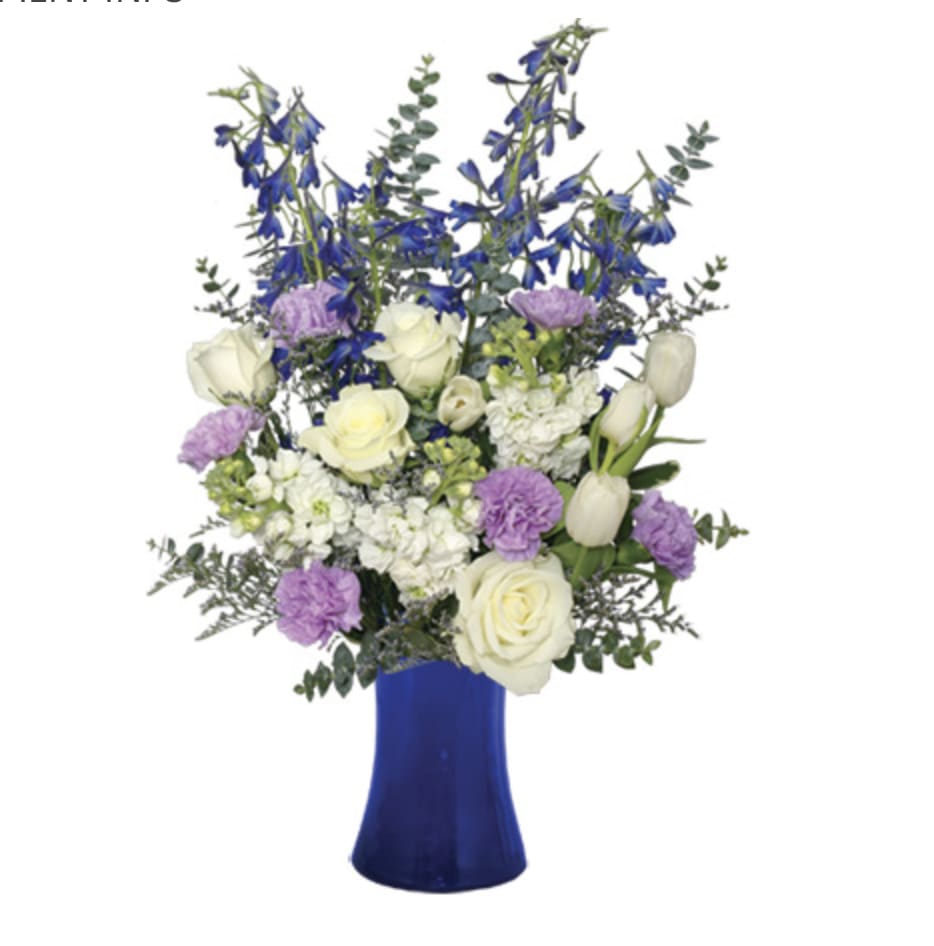 Cape May Skies - Delphinium, carnation, stock, roses, tulips in a vase.