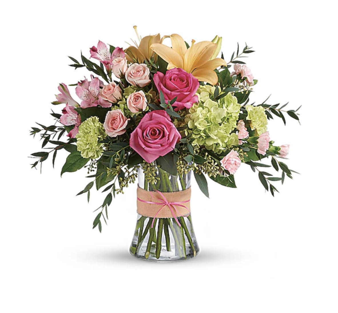BLUSH LIFE - pretty as a picture peach n greens substituting pink or white lilies instead of what is in the photo