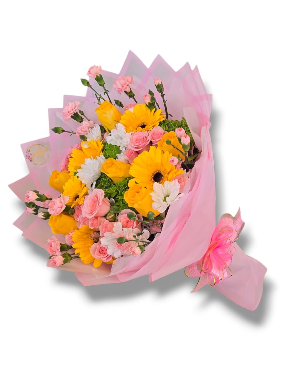 BUNCH OF HAPPINESS - Bright yellow gerberas with baby pink mini carnations, vibrant yellow roses, lush emerald green hydrangeas, and delicate white pom-poms.