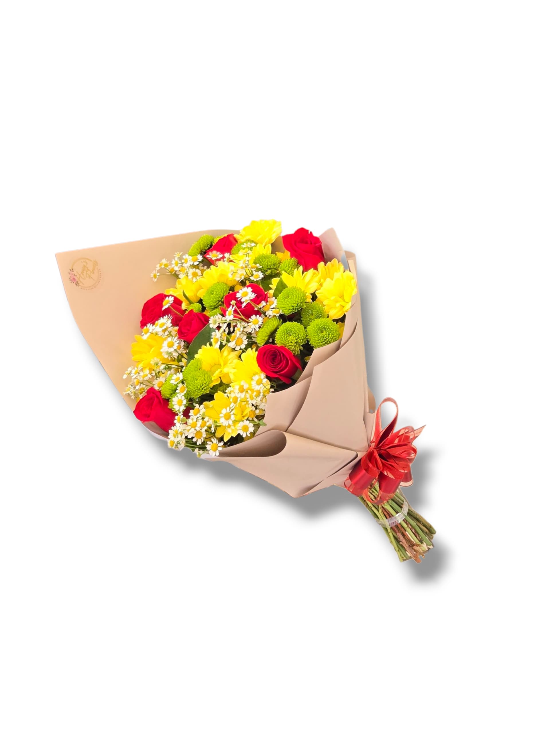 Radiante Amanecer -  Red Roses Chamomile, yellow pompom daisies, and green button pompom in a vibrant mixed bouquet.