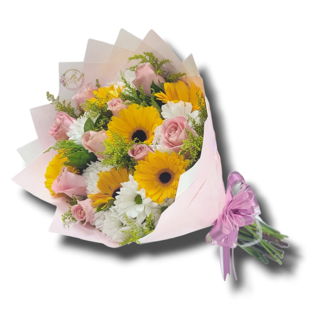 SWEETNESS BOUQUET - Mix of Baby Pink Roses, Yellow Gerberas and White Mini Daysis. Wrapped in Paper.