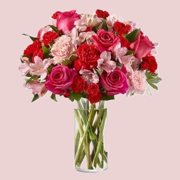 Enchanted Rose Glow - A lush cluster of hot pink roses and bright red carnations framed by soft blush-pink alstroemeria creates an immediate, joyful impression-perfect for a romantic bouquet or a heartfelt anniversary gift. This flower arrangement for romantic milestones and gestures of gratitude reads as both richly romantic and cheerfully affectionate, so the person you're thinking of will feel genuinely celebrated the moment it arrives.  The rounded design sits in a clear glass cylinder vase that showcases the straight stems and gives the arrangement a clean, classic profile. Deep pink roses and red carnations provide weight and warmth while pale pink alstroemeria and blush carnations add delicate contrast and texture; the result is a layered, full silhouette with lively color depth and a softly fragrant, garden-fresh presence.  Ideal for anniversaries, Valentine's Day, or simply saying "thank you" or "I'm thinking of you," this arrangement sends a confident, loving message without being overdone. The compact cylinder vase fits tabletops and desks-no special care beyond fresh water changes every few days to keep stems looking their best.