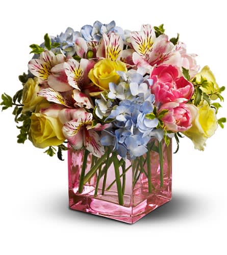 Spring Sweetness - Springtime marks a renewal of everything beauteous that nature has to offer; and this medley of pastel blossoms in tender hues of pink, blue and yellow would work well for a table centerpiece at a baby or engagement shower, or as a birthday bouquet. The pink glass cube vase is a lovely bonus gift.     A mix of fresh flowers such as roses, tulips, hydrangea and alstroemeria â in shades of blue, pink and yellow â is delivered in a pink glass cube vase. Approximately 9" (W) x 8" (H) 