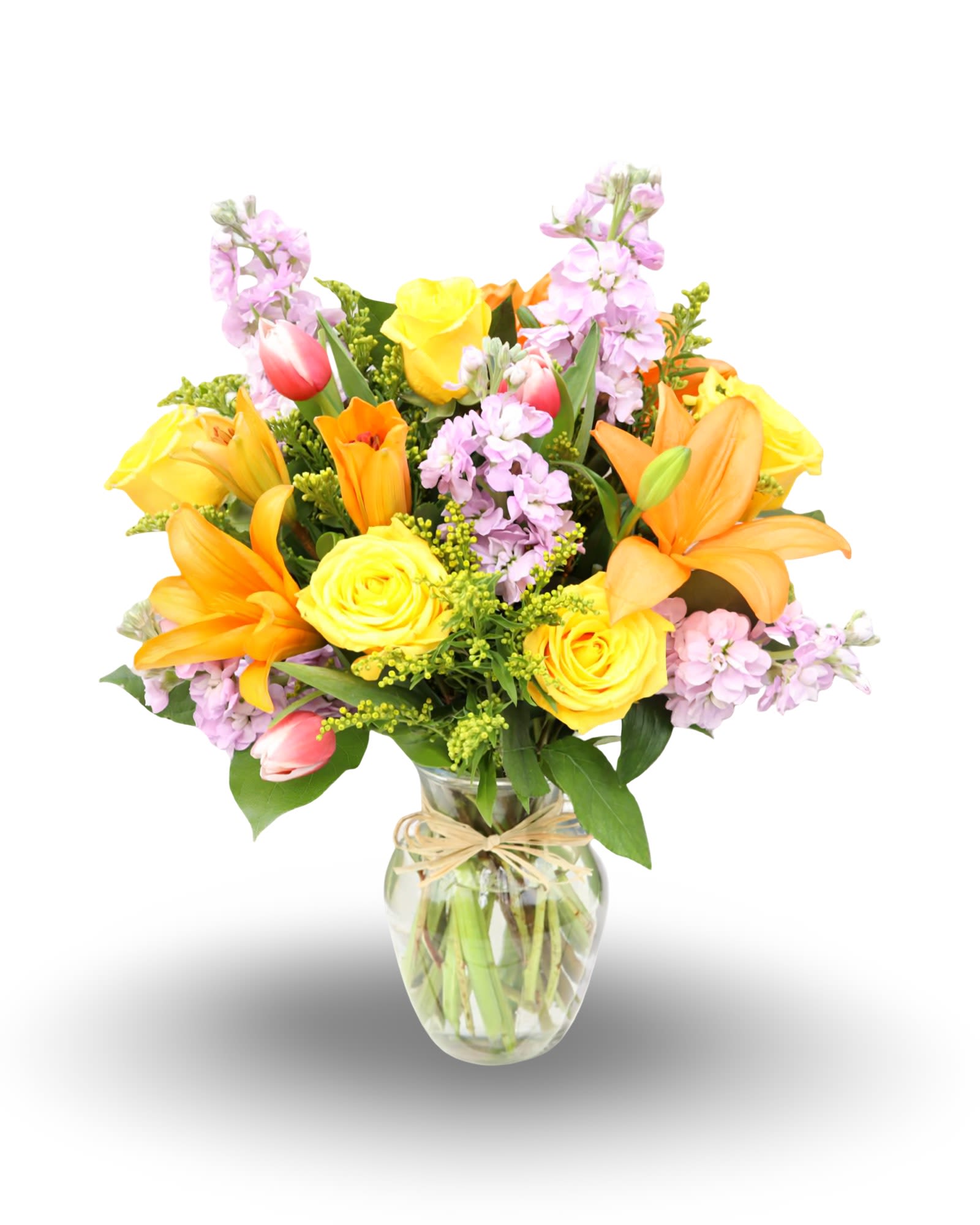 Sunshine Garden Arrangement - A vibrant and cheerful arrangement designed to brighten any space. Featuring radiant yellow roses, bold orange lilies, soft pink blooms, and fresh greenery, this bouquet is full of color and life. Arranged in a clear glass vase, it brings warmth, happiness, and a fresh garden feel—perfect for celebrations, thank you gifts, or simply making someone smile.  If you want, I can also make a version for birthdays, get well, or more luxury style 