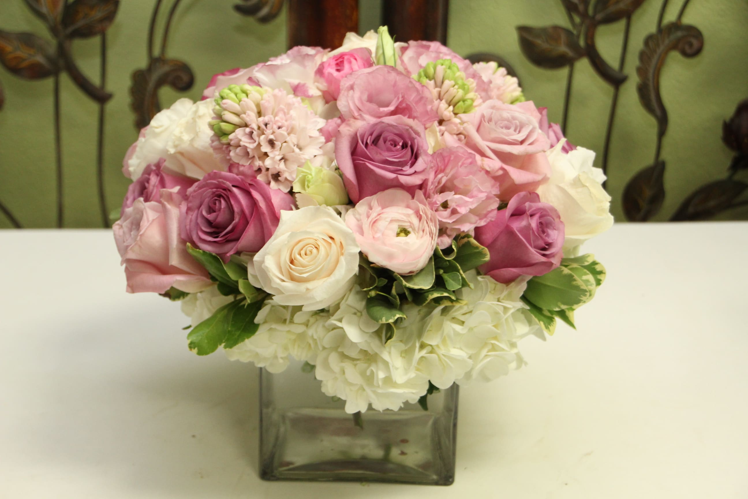 Cynthia - Pastel Roses, Hydrangeas, Hyacinth - These pastels are beautiful with a delicate touch! Valentine's Day in pastels, nothing like it. Lavenders, whites, pale pinks, beautiful.  