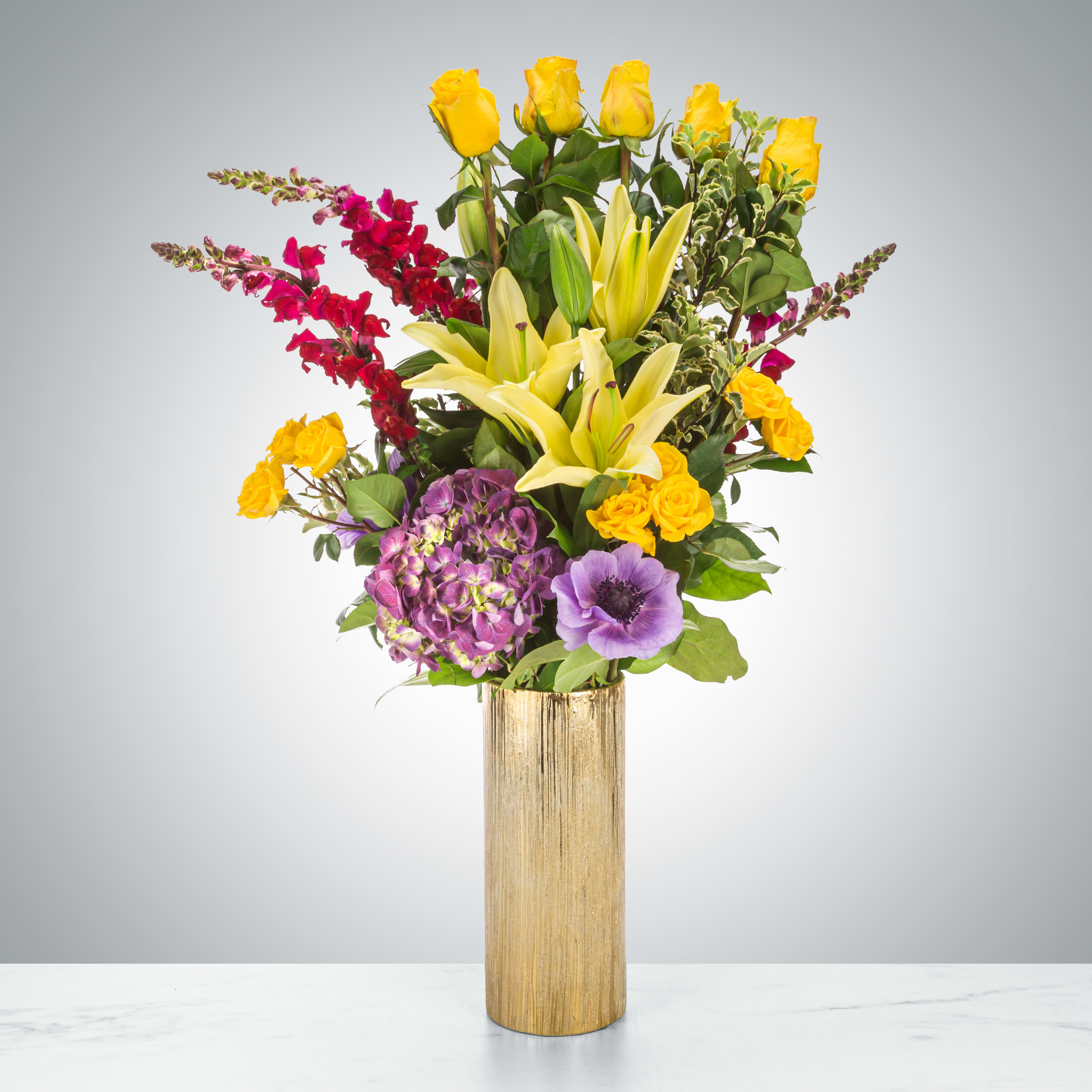 Gilded Jubilee  - This large luxury arrangement is a glamorous gift to give to somebody you want to make a big impression on. Perfect for sending as a congratulations gift, as a big thank you, or sending for a 50th golden anniversary!  Approximate Dimensions: 20"D x 30"H