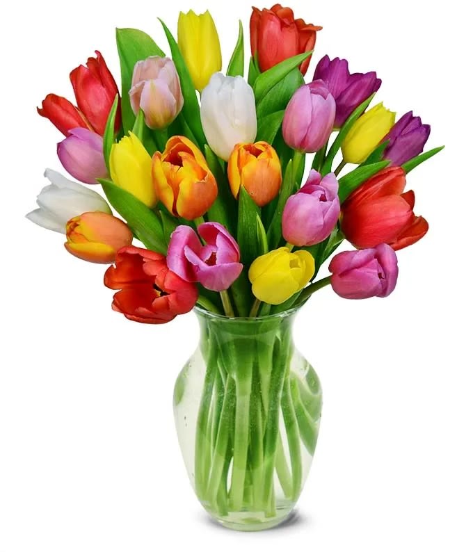 Spring Tulips Bouquet - A gorgeous mix of fresh tulips in all colors, handcrafted and designed in a clear glass vase. Great for every occasion!