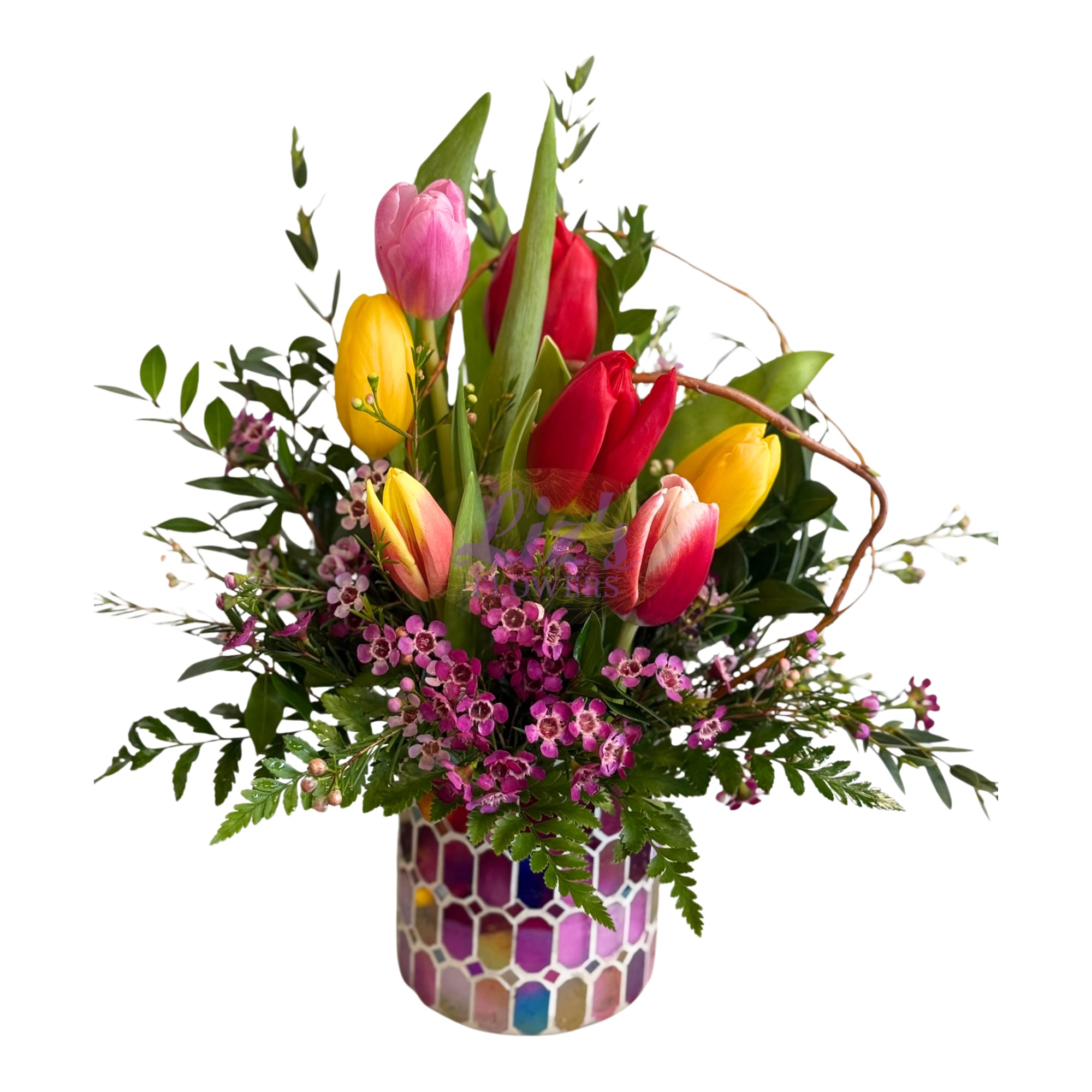 Tulip Joy Bouquet - Colorful tulips paired with soft filler blooms.
