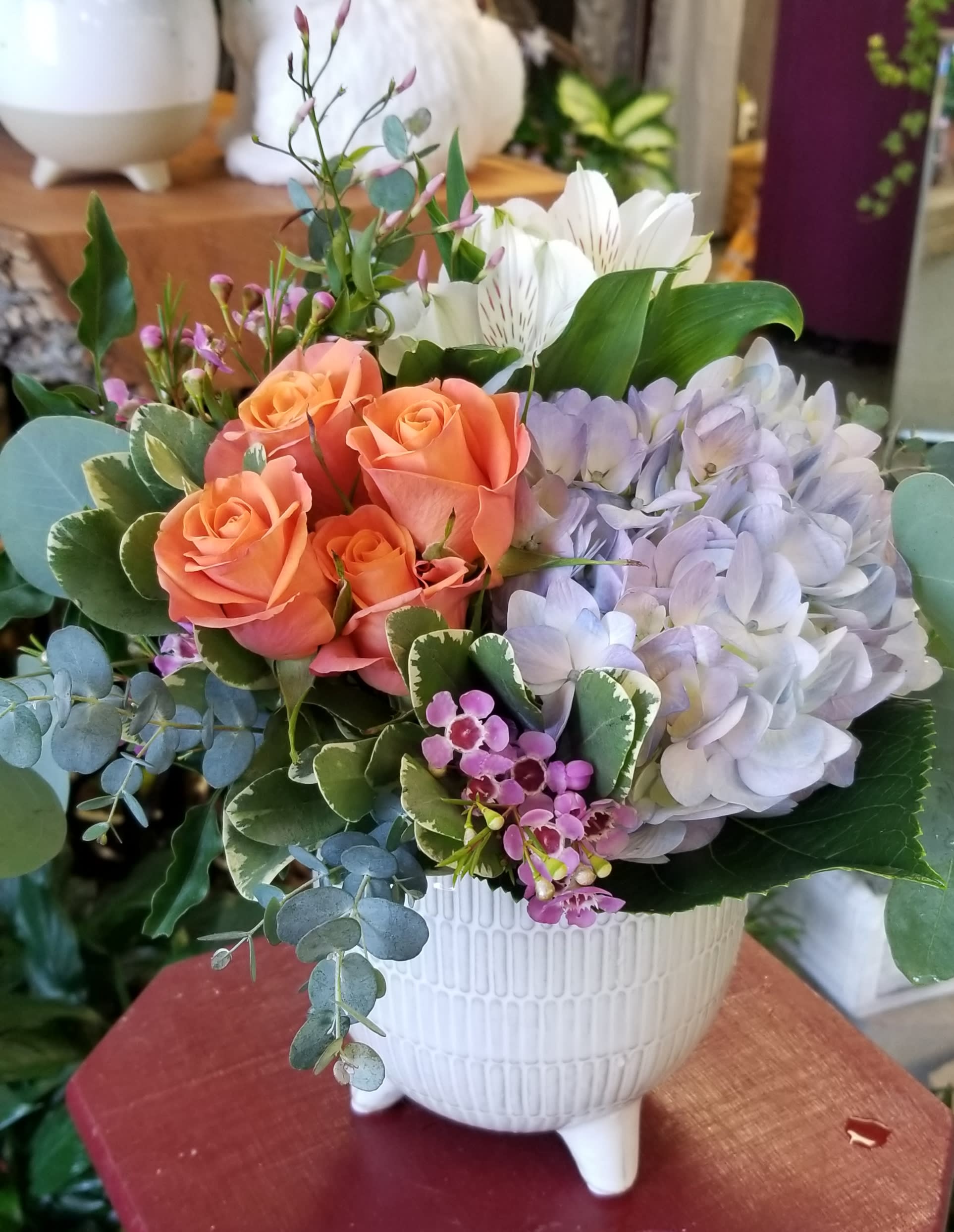 Stroll on the Beach by MG Florist  - Designed with spray roses, alstromeria, wax flower, and hydrangea. Colors may vary depending on availability.