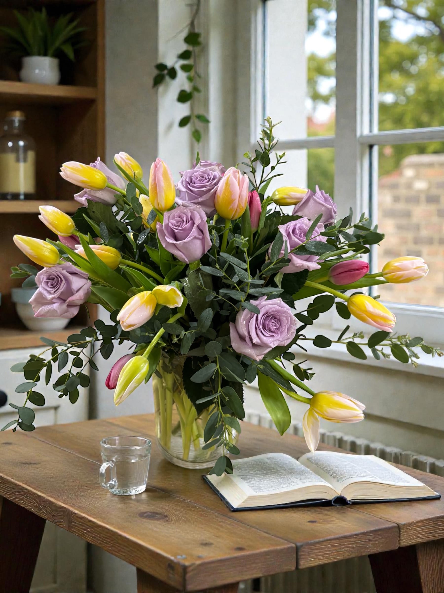 Blessed Morning - Blessed Morning is a fresh, uplifting arrangement designed to feel light, effortless, and quietly beautiful. Featuring premium roses and tulips in a clean glass vase, this design blends soft color with natural movement for a look that feels polished without being overworked.  The combination of roses and tulips gives it a gentle, garden-inspired feel—structured enough to be intentional, but loose enough to feel fresh and alive. It’s the kind of piece that instantly brightens a space without overwhelming it.  A versatile choice for birthdays, thank-you gifts, sympathy, thinking of you, just because, or everyday moments that deserve something a little special.  Each arrangement is designed with the freshest seasonal stems available. Colors may vary slightly to ensure the best quality and overall look.  Available for local flower delivery through Aspen Tower Florist, serving Greensburg and Shelbyville along with Rushville, Batesville, Westport, Oldenburg, St. Paul, Waldron, and Milroy. 