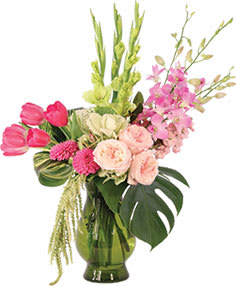 Dendrobium Rose Dream - Green Glass Ginger Jar Vase filled with Lavender Dendrobium Orchids, Purple Globe Dahlias, Antique Green Hydrangea, Green Hanging Amaranthus, Hot Pink Tulips, Light Pink Stock, Light Pink Garden Roses, Green Gladiolus, Magnolia leaves, ornamental Kale, Fatsia and Varigated Aspidistra. Picture shown is the Deluxe size.   Copyrighted content provided by FlowerShopNetwork.com