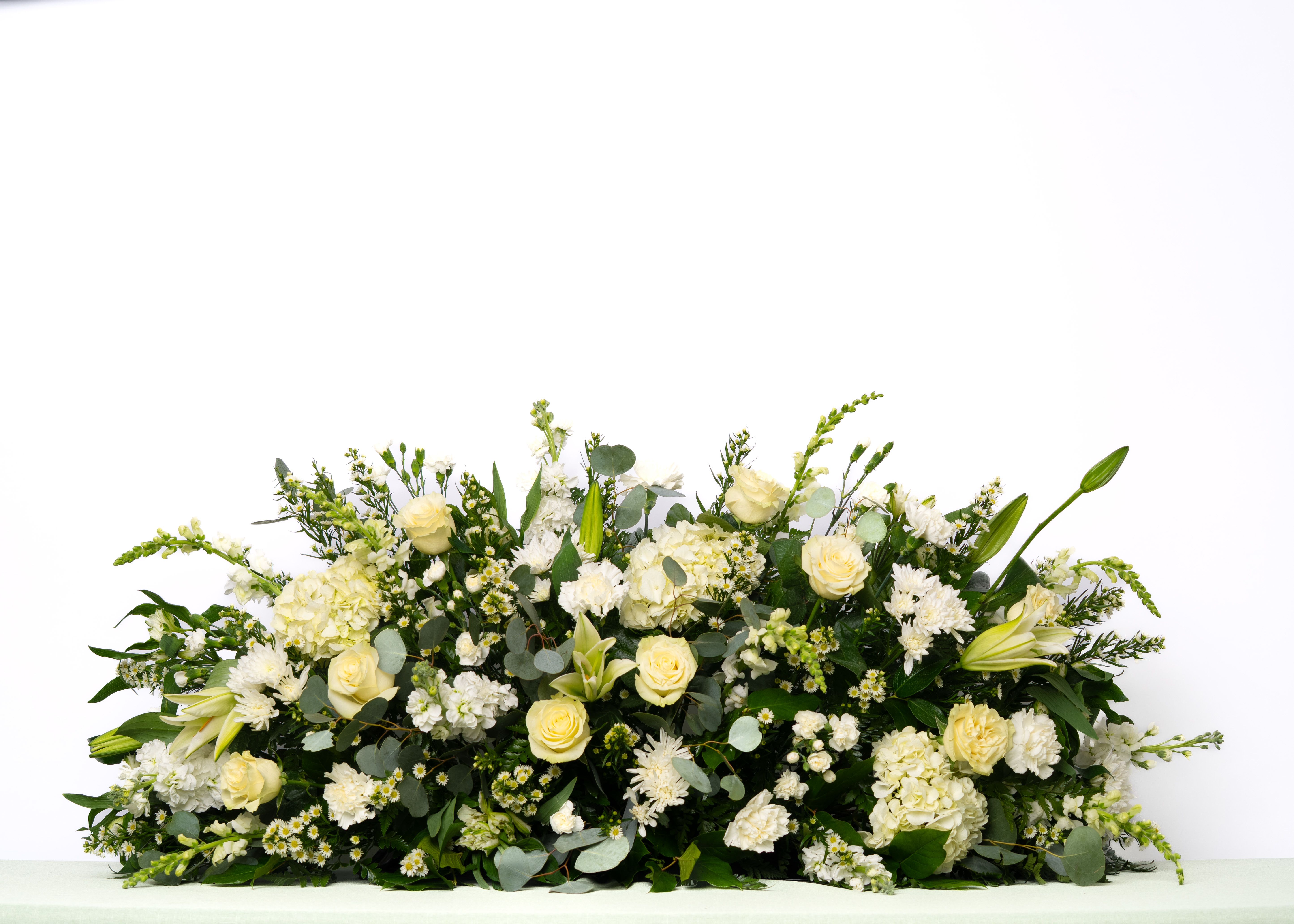 Our Gentle Thoughts Collection: Full Casket Spray in White Blooms - A classic and elegant tribute, this full casket spray is designed with lush white blooms to honor a life with dignity and grace. A timeless expression of love from family and close loved ones.  Each arrangement is thoughtfully designed using the freshest blooms available. Flower varieties may vary based on availability while maintaining the overall style, color palette, and value.  Approximate Dimensions of Floral Tribute: 20" tall x 50" wide  Color &amp; Customization: Need a custom color scheme? Contact us for more information. Our most popular palettes include whites, whites and greens, whites and blues, pinks and whites, pastel shades, and colorful designs.  Delivery: All sympathy pieces are hand-delivered by the Schultz Floral team.